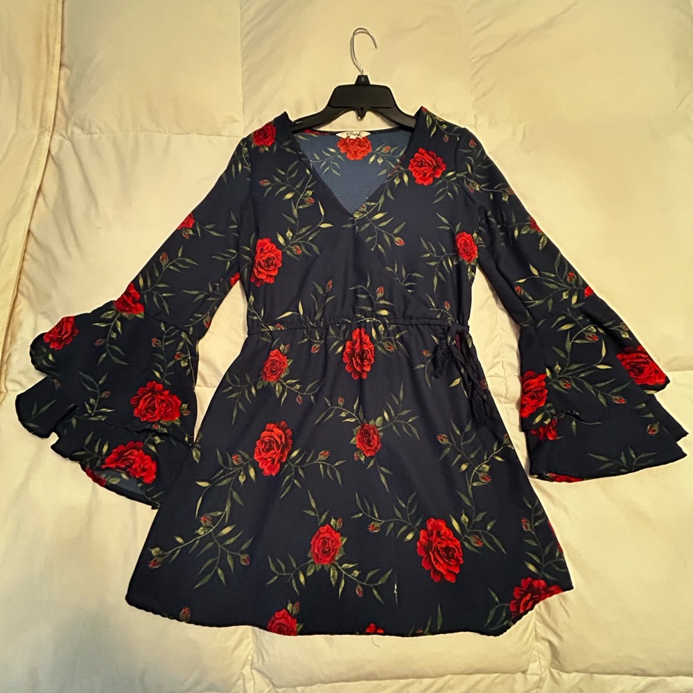 Blush Long Sleeve Dress with Red Floral Pattern